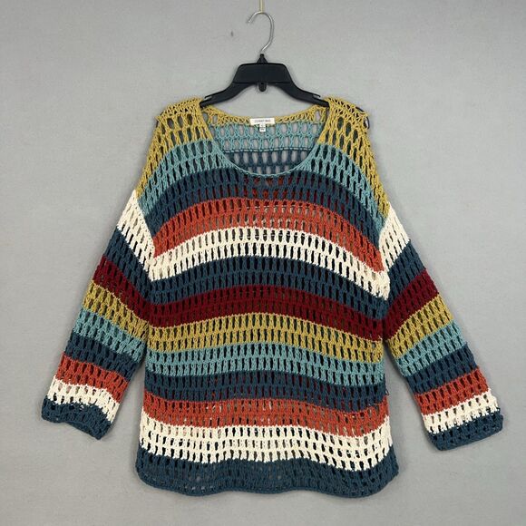 Johnny Was Sweaters - Johnny Was Sweater Womens Large Striped Crochet Open Knit Pullover Boho Artsy